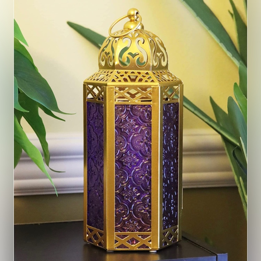 Vintage lantern with purple etched glass